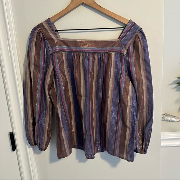 Anthropologie Corey Lynn Calter Blue Metallic Square Neck Top Blouse Small - Picture 7 of 10